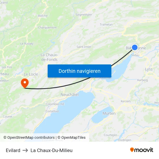 Evilard to La Chaux-Du-Milieu map