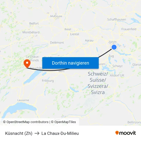 Küsnacht (Zh) to La Chaux-Du-Milieu map