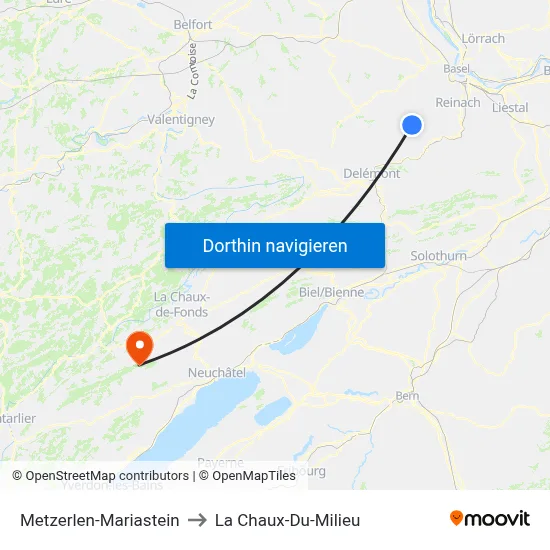Metzerlen-Mariastein to La Chaux-Du-Milieu map