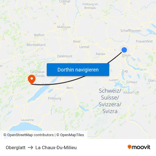 Oberglatt to La Chaux-Du-Milieu map