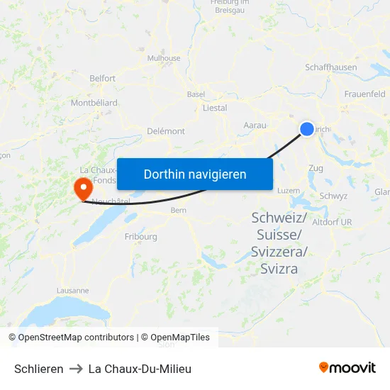 Schlieren to La Chaux-Du-Milieu map
