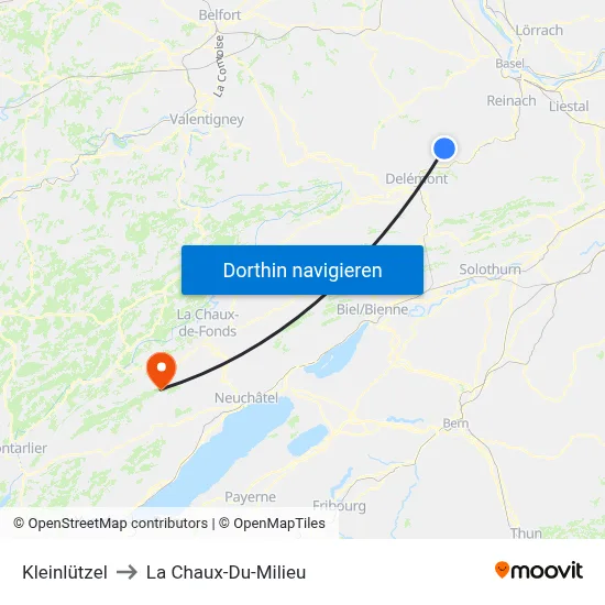 Kleinlützel to La Chaux-Du-Milieu map