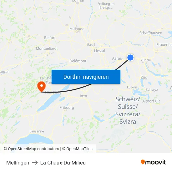 Mellingen to La Chaux-Du-Milieu map