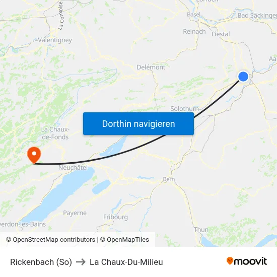 Rickenbach (So) to La Chaux-Du-Milieu map
