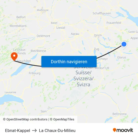 Ebnat-Kappel to La Chaux-Du-Milieu map