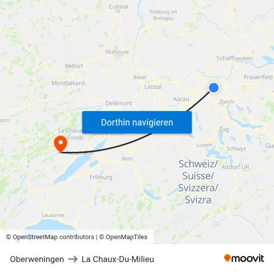 Oberweningen to La Chaux-Du-Milieu map