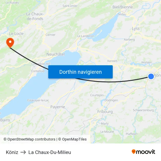 Köniz to La Chaux-Du-Milieu map