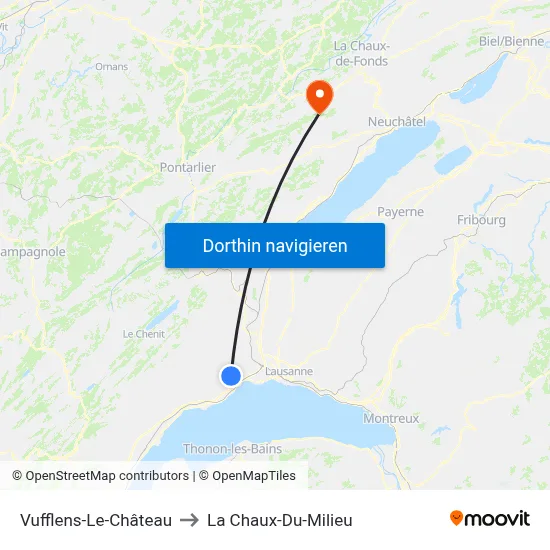 Vufflens-Le-Château to La Chaux-Du-Milieu map