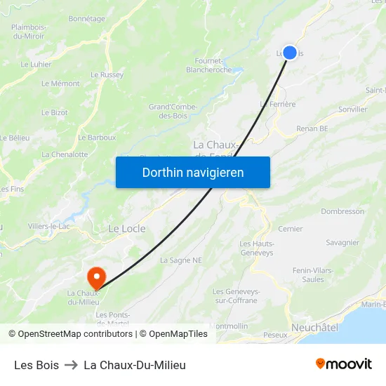 Les Bois to La Chaux-Du-Milieu map