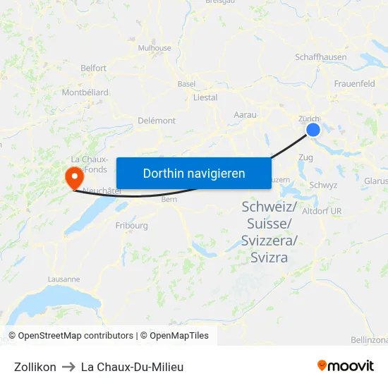 Zollikon to La Chaux-Du-Milieu map