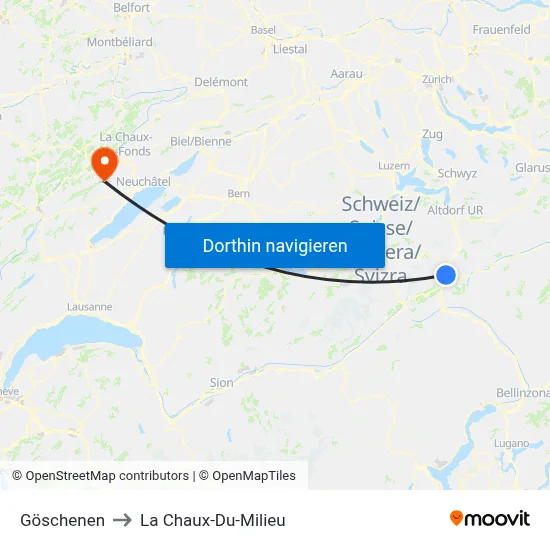 Göschenen to La Chaux-Du-Milieu map