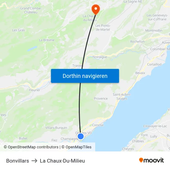 Bonvillars to La Chaux-Du-Milieu map