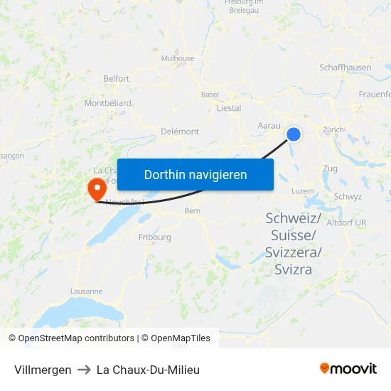 Villmergen to La Chaux-Du-Milieu map