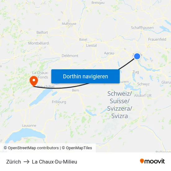 Zürich to La Chaux-Du-Milieu map