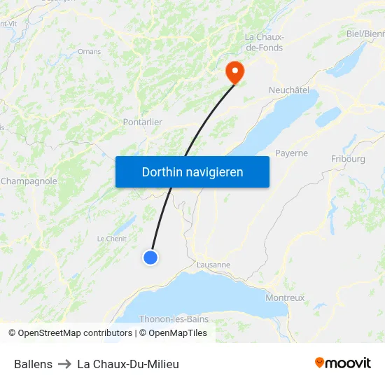 Ballens to La Chaux-Du-Milieu map