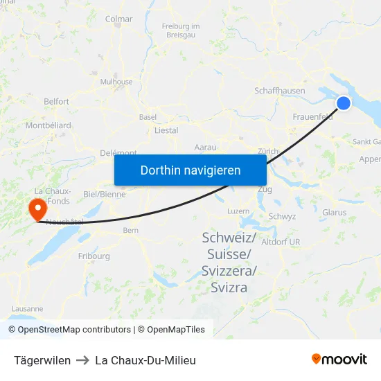 Tägerwilen to La Chaux-Du-Milieu map
