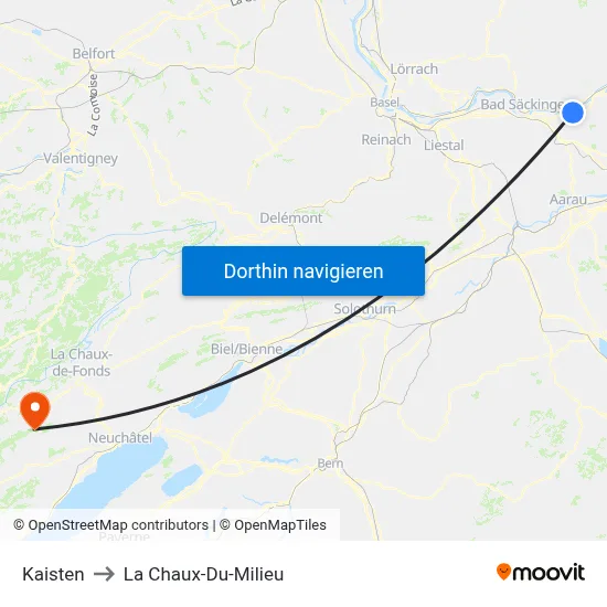 Kaisten to La Chaux-Du-Milieu map