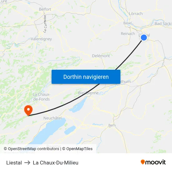 Liestal to La Chaux-Du-Milieu map