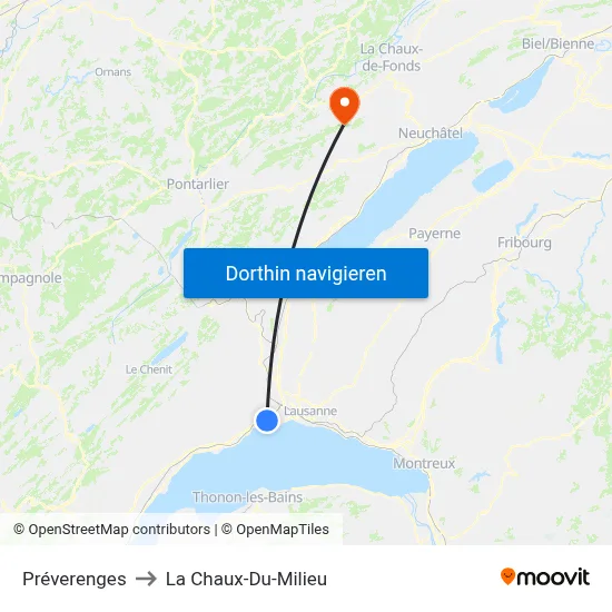 Préverenges to La Chaux-Du-Milieu map