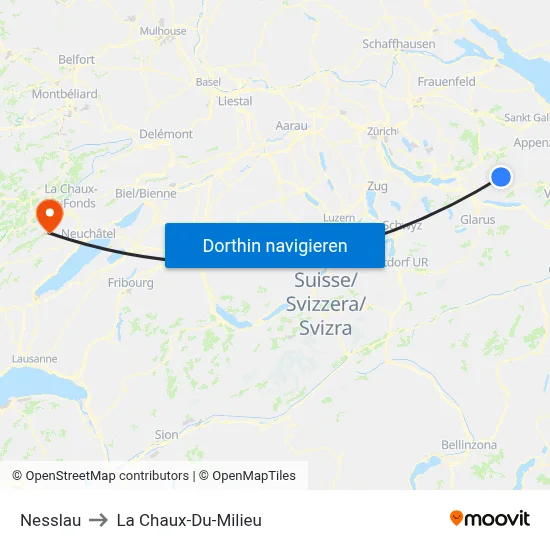 Nesslau to La Chaux-Du-Milieu map