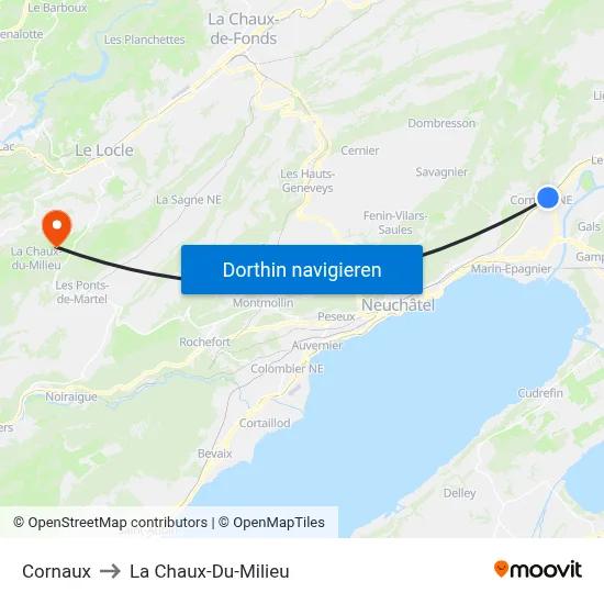 Cornaux to La Chaux-Du-Milieu map