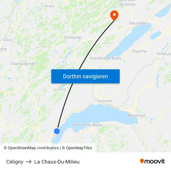 Céligny to La Chaux-Du-Milieu map