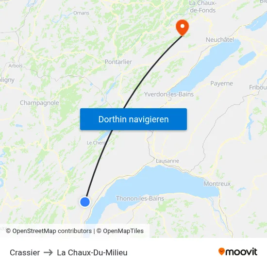 Crassier to La Chaux-Du-Milieu map