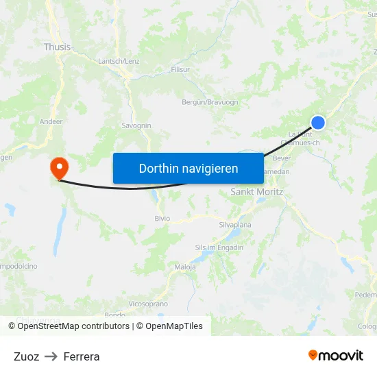 Zuoz to Ferrera map