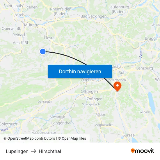 Lupsingen to Hirschthal map