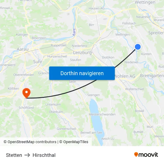 Stetten to Hirschthal map