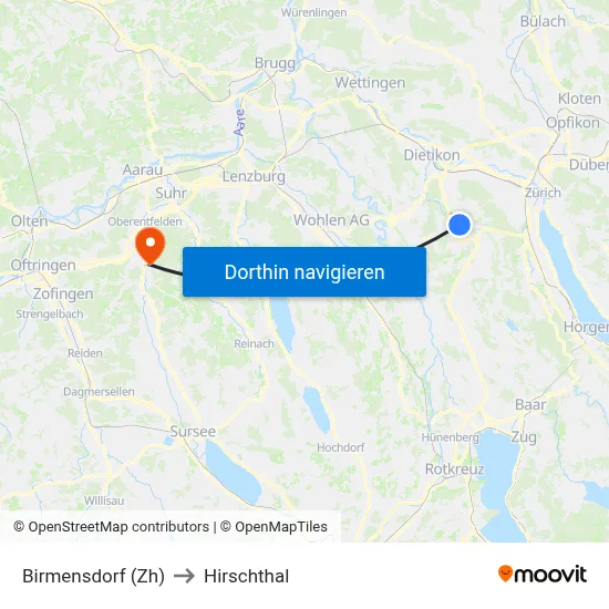Birmensdorf (Zh) to Hirschthal map