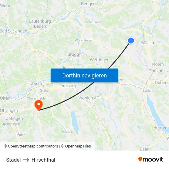 Stadel to Hirschthal map