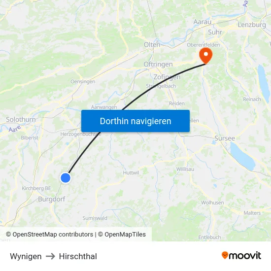 Wynigen to Hirschthal map