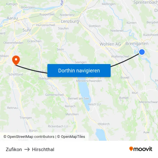 Zufikon to Hirschthal map