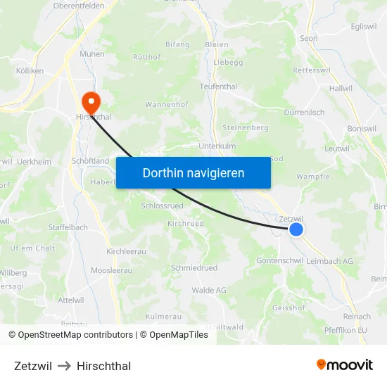 Zetzwil to Hirschthal map