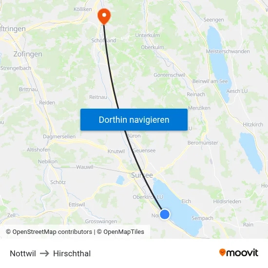 Nottwil to Hirschthal map