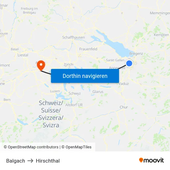 Balgach to Hirschthal map