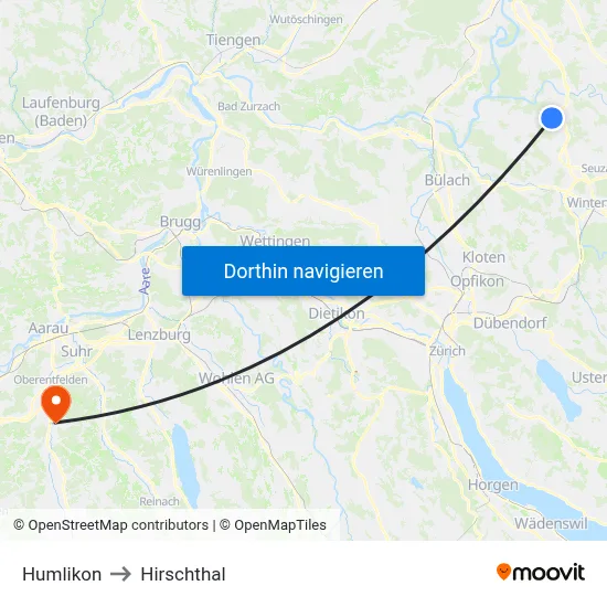 Humlikon to Hirschthal map