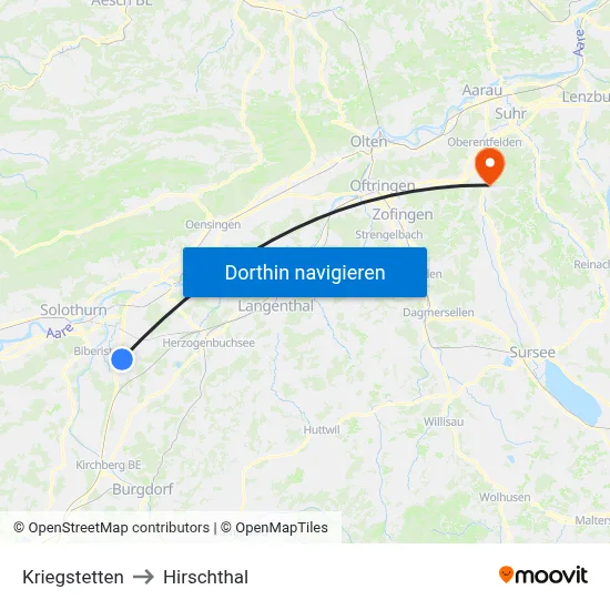 Kriegstetten to Hirschthal map