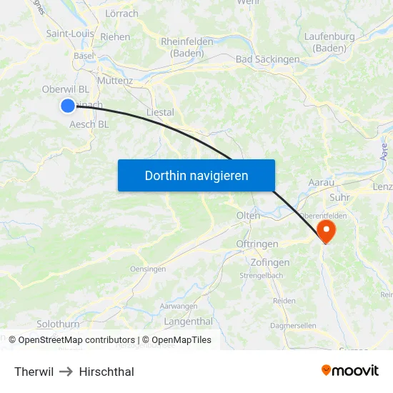 Therwil to Hirschthal map