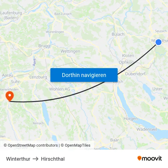 Winterthur to Hirschthal map