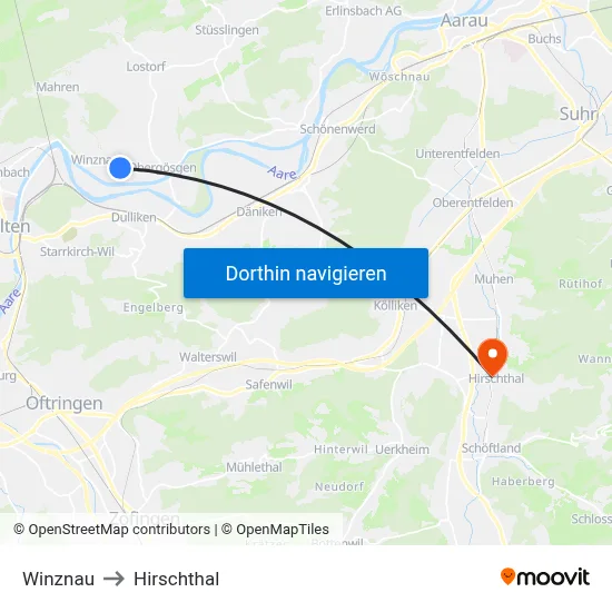 Winznau to Hirschthal map