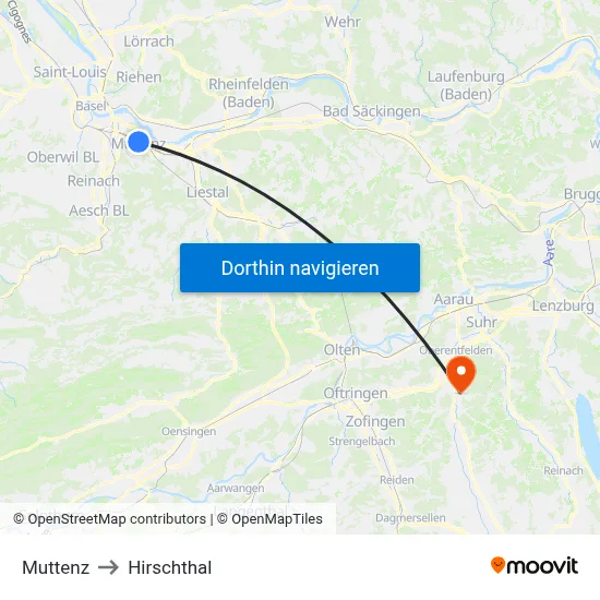 Muttenz to Hirschthal map