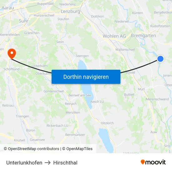 Unterlunkhofen to Hirschthal map