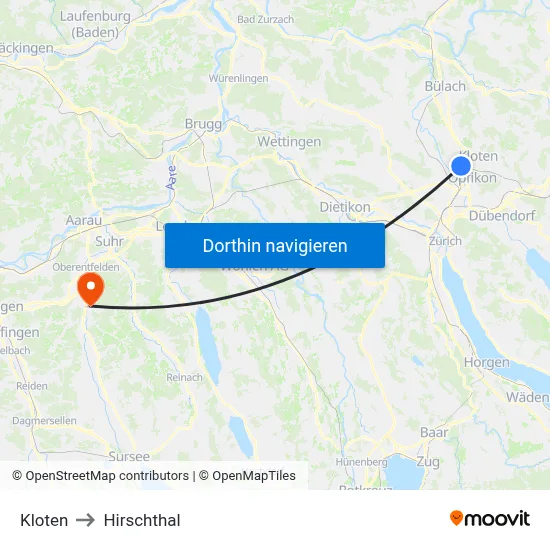 Kloten to Hirschthal map