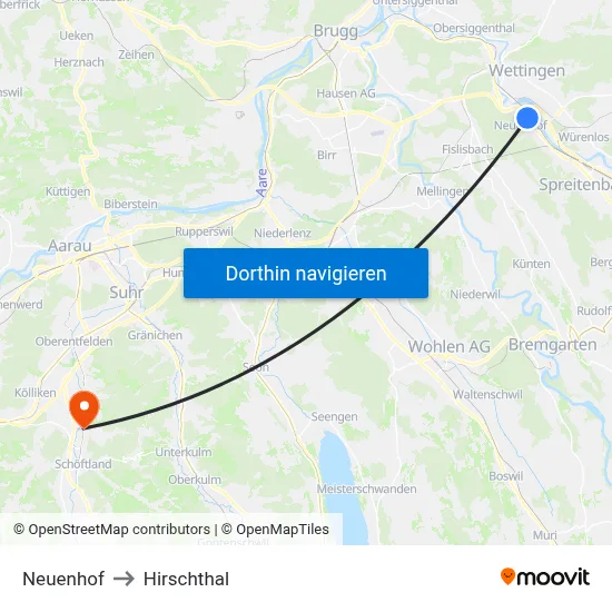 Neuenhof to Hirschthal map