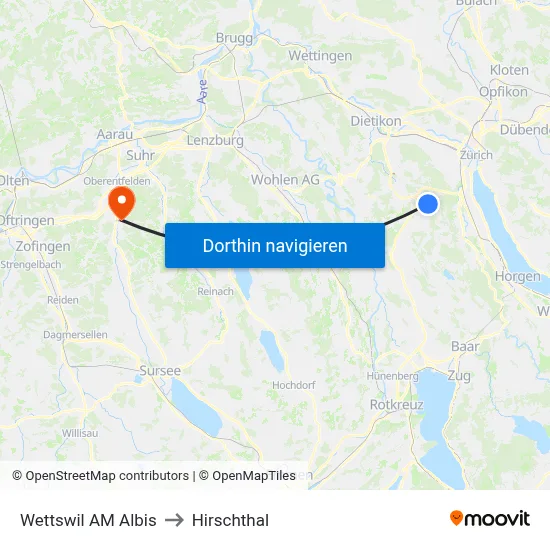 Wettswil AM Albis to Hirschthal map