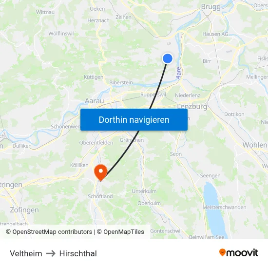 Veltheim to Hirschthal map