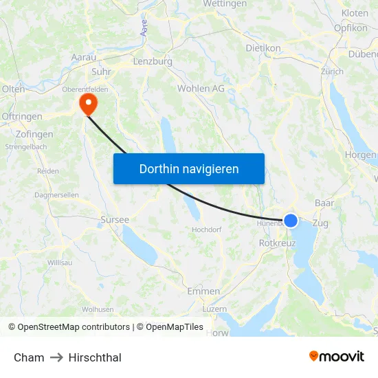 Cham to Hirschthal map
