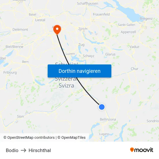Bodio to Hirschthal map